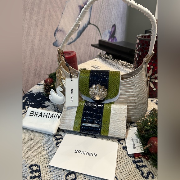 NWT 2-PIECE Brahmin Kyrie Multi Antiguo Green and Navy Leather Purse Wallet Set - Picture 4 of 6